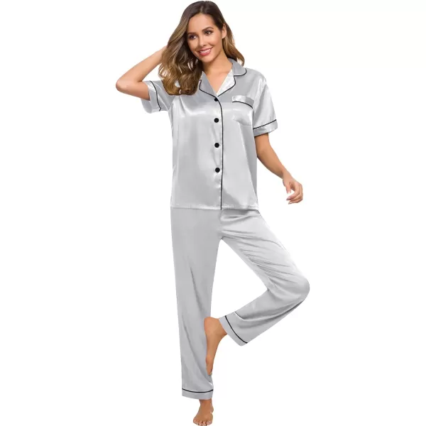 SWOMOG Womens Silk Satin Pajamas Loungewear Twopiece Sleepwear ButtonDown Pj SetGrey16