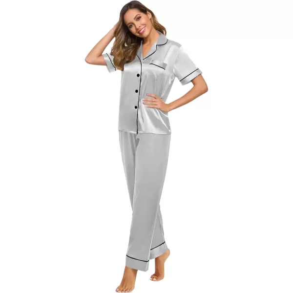 SWOMOG Womens Silk Satin Pajamas Loungewear Twopiece Sleepwear ButtonDown Pj SetGrey16