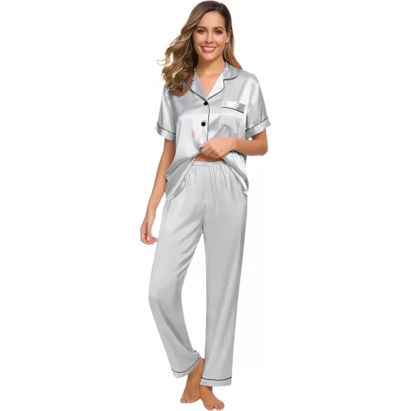 SWOMOG Womens Silk Satin Pajamas Loungewear Twopiece Sleepwear ButtonDown Pj SetGrey16