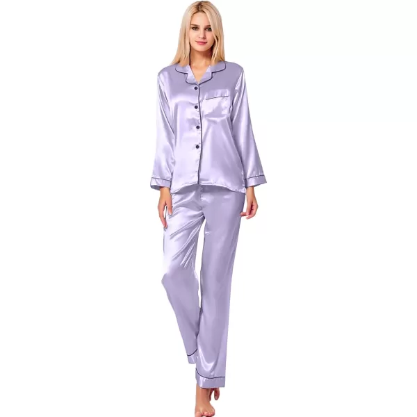 SWOMOG Womens Silk Satin Pajamas Loungewear Twopiece Sleepwear ButtonDown Pj SetLavender