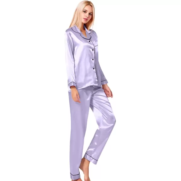 SWOMOG Womens Silk Satin Pajamas Loungewear Twopiece Sleepwear ButtonDown Pj SetLavender