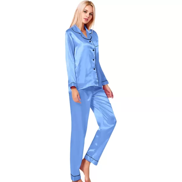 SWOMOG Womens Silk Satin Pajamas Loungewear Twopiece Sleepwear ButtonDown Pj SetMarina Blue