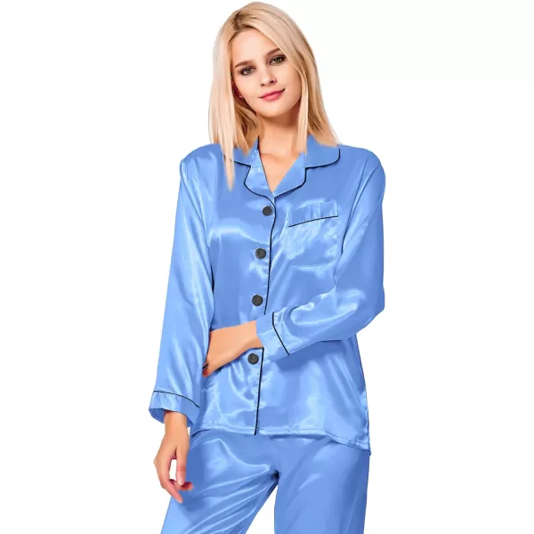 SWOMOG Womens Silk Satin Pajamas Loungewear Twopiece Sleepwear ButtonDown Pj SetMarina Blue