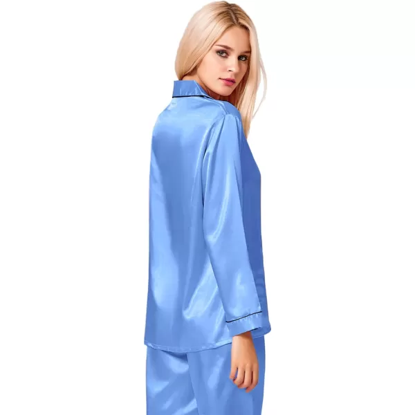 SWOMOG Womens Silk Satin Pajamas Loungewear Twopiece Sleepwear ButtonDown Pj SetMarina Blue