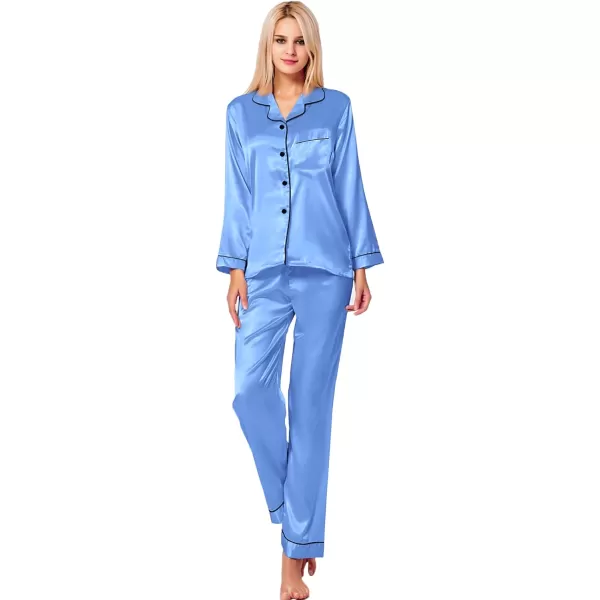 SWOMOG Womens Silk Satin Pajamas Loungewear Twopiece Sleepwear ButtonDown Pj SetMarina Blue