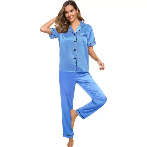 SWOMOG Womens Silk Satin Pajamas Loungewear Twopiece Sleepwear ButtonDown Pj SetMarina Blue16