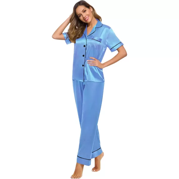 SWOMOG Womens Silk Satin Pajamas Loungewear Twopiece Sleepwear ButtonDown Pj SetMarina Blue16