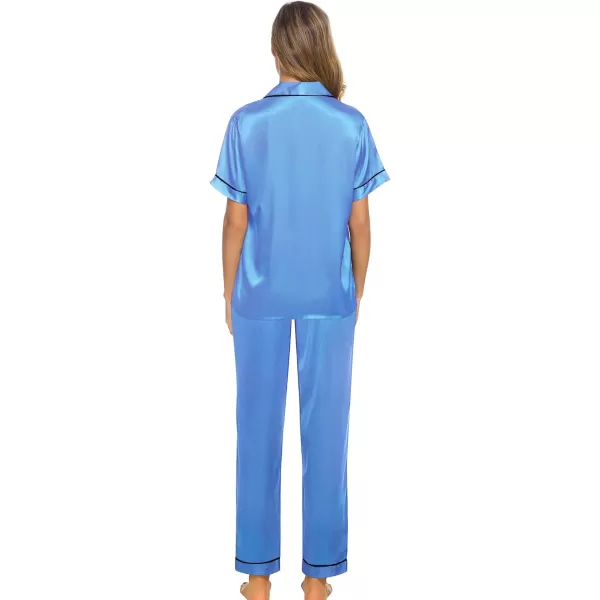 SWOMOG Womens Silk Satin Pajamas Loungewear Twopiece Sleepwear ButtonDown Pj SetMarina Blue16