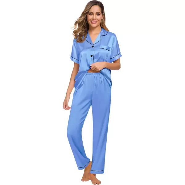 SWOMOG Womens Silk Satin Pajamas Loungewear Twopiece Sleepwear ButtonDown Pj SetMarina Blue16