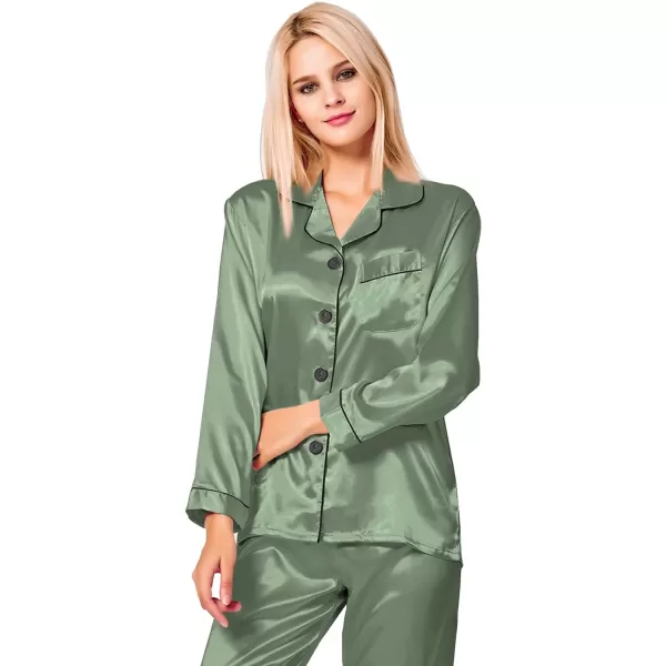 SWOMOG Womens Silk Satin Pajamas Loungewear Twopiece Sleepwear ButtonDown Pj SetMatcha