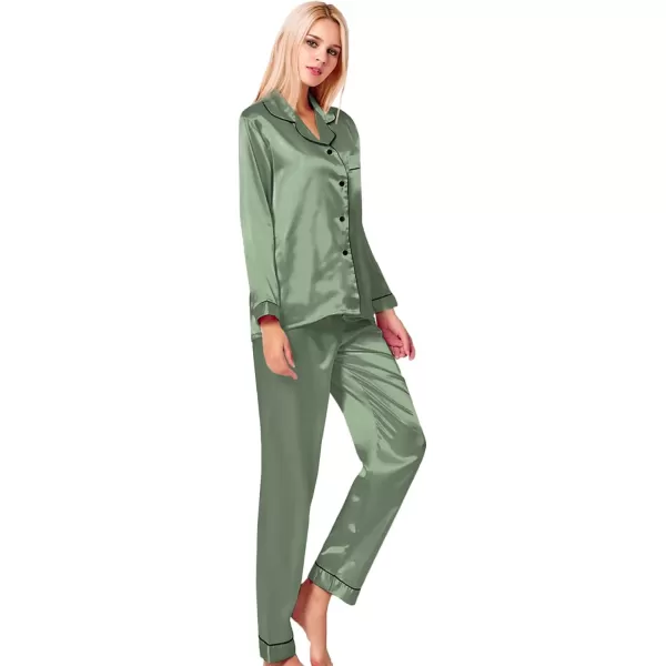 SWOMOG Womens Silk Satin Pajamas Loungewear Twopiece Sleepwear ButtonDown Pj SetMatcha