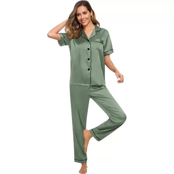 SWOMOG Womens Silk Satin Pajamas Loungewear Twopiece Sleepwear ButtonDown Pj SetMatcha16