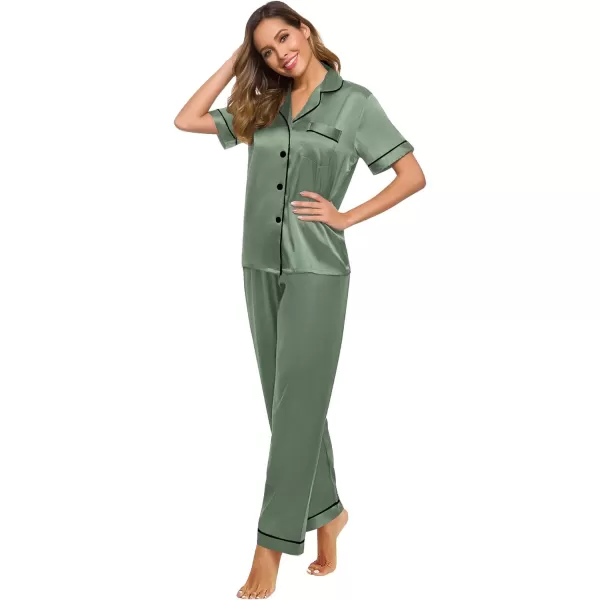 SWOMOG Womens Silk Satin Pajamas Loungewear Twopiece Sleepwear ButtonDown Pj SetMatcha16