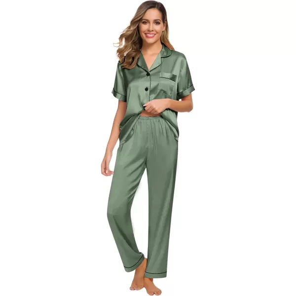 SWOMOG Womens Silk Satin Pajamas Loungewear Twopiece Sleepwear ButtonDown Pj SetMatcha16