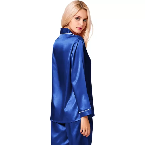 SWOMOG Womens Silk Satin Pajamas Loungewear Twopiece Sleepwear ButtonDown Pj SetMidninght Blue