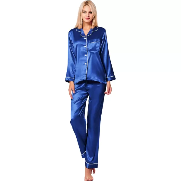 SWOMOG Womens Silk Satin Pajamas Loungewear Twopiece Sleepwear ButtonDown Pj SetMidninght Blue