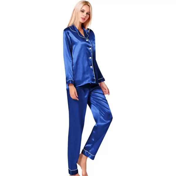 SWOMOG Womens Silk Satin Pajamas Loungewear Twopiece Sleepwear ButtonDown Pj SetMidninght Blue