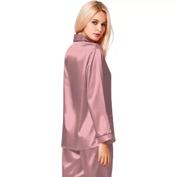 SWOMOG Womens Silk Satin Pajamas Loungewear Twopiece Sleepwear ButtonDown Pj SetMisty Rose