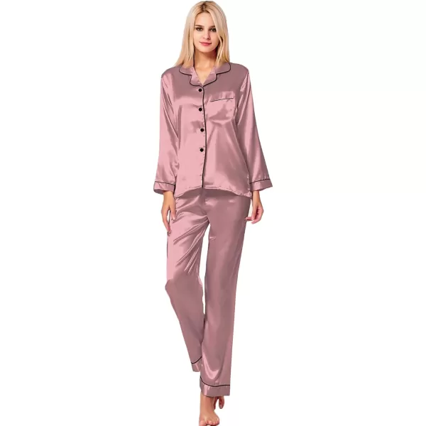 SWOMOG Womens Silk Satin Pajamas Loungewear Twopiece Sleepwear ButtonDown Pj SetMisty Rose