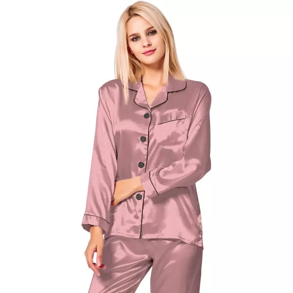 SWOMOG Womens Silk Satin Pajamas Loungewear Twopiece Sleepwear ButtonDown Pj SetMisty Rose