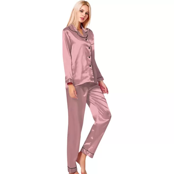 SWOMOG Womens Silk Satin Pajamas Loungewear Twopiece Sleepwear ButtonDown Pj SetMisty Rose