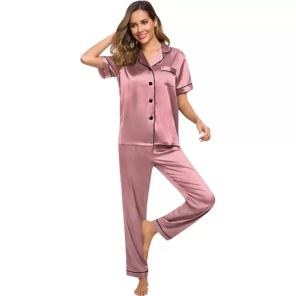 SWOMOG Womens Silk Satin Pajamas Loungewear Twopiece Sleepwear ButtonDown Pj SetMisty Rose16