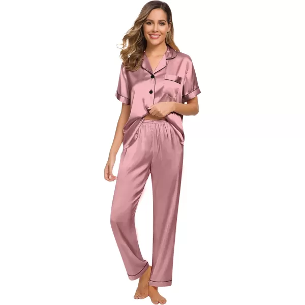 SWOMOG Womens Silk Satin Pajamas Loungewear Twopiece Sleepwear ButtonDown Pj SetMisty Rose16