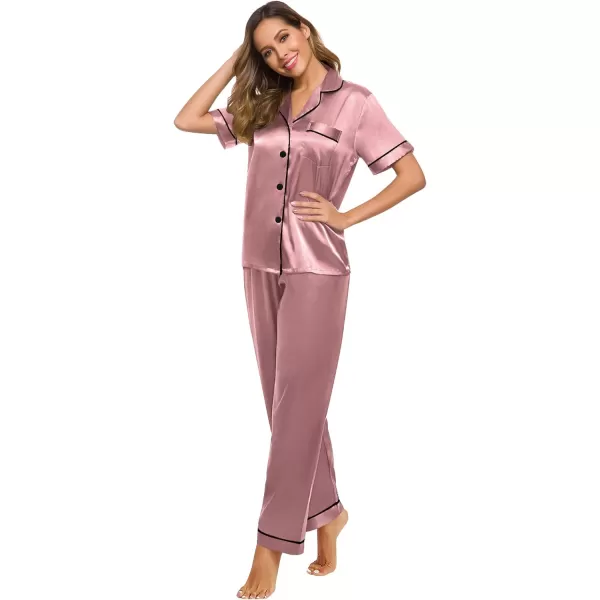 SWOMOG Womens Silk Satin Pajamas Loungewear Twopiece Sleepwear ButtonDown Pj SetMisty Rose16