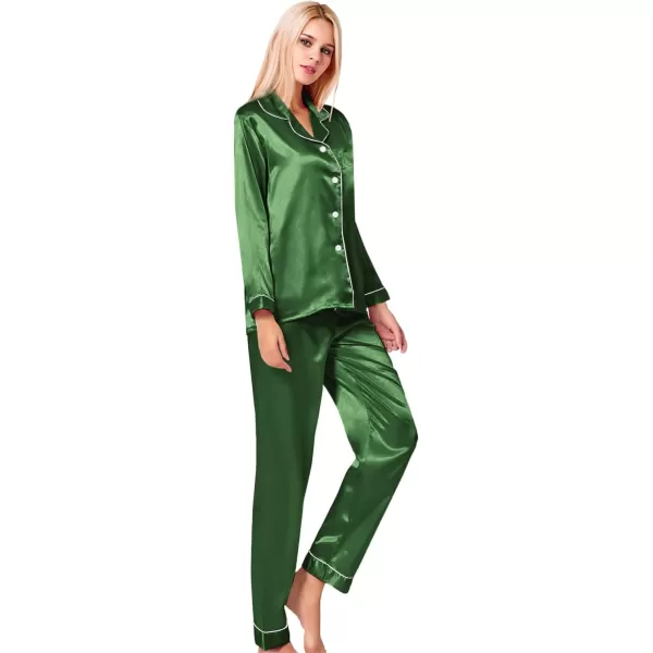 SWOMOG Womens Silk Satin Pajamas Loungewear Twopiece Sleepwear ButtonDown Pj SetMoss Green