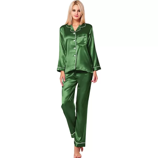 SWOMOG Womens Silk Satin Pajamas Loungewear Twopiece Sleepwear ButtonDown Pj SetMoss Green