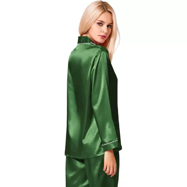 SWOMOG Womens Silk Satin Pajamas Loungewear Twopiece Sleepwear ButtonDown Pj SetMoss Green