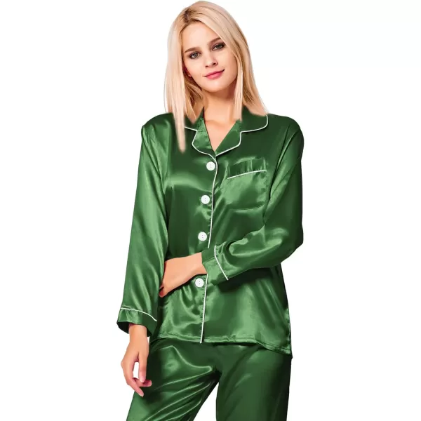 SWOMOG Womens Silk Satin Pajamas Loungewear Twopiece Sleepwear ButtonDown Pj SetMoss Green