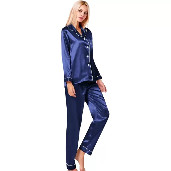 SWOMOG Womens Silk Satin Pajamas Loungewear Twopiece Sleepwear ButtonDown Pj SetNavy Blue