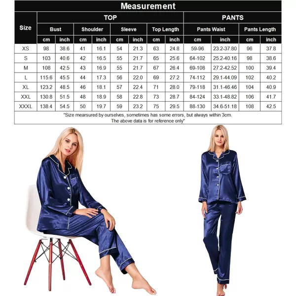 SWOMOG Womens Silk Satin Pajamas Loungewear Twopiece Sleepwear ButtonDown Pj SetNavy Blue