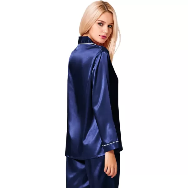 SWOMOG Womens Silk Satin Pajamas Loungewear Twopiece Sleepwear ButtonDown Pj SetNavy Blue