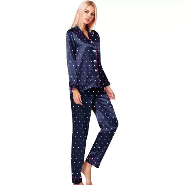 SWOMOG Womens Silk Satin Pajamas Loungewear Twopiece Sleepwear ButtonDown Pj SetNavy Blue Dots