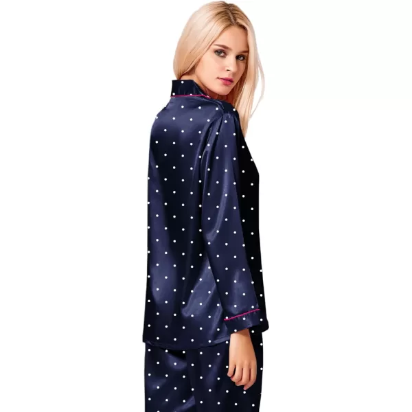 SWOMOG Womens Silk Satin Pajamas Loungewear Twopiece Sleepwear ButtonDown Pj SetNavy Blue Dots