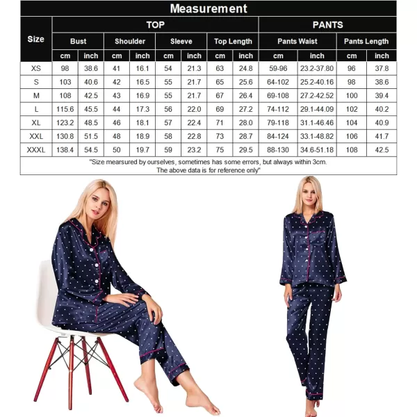 SWOMOG Womens Silk Satin Pajamas Loungewear Twopiece Sleepwear ButtonDown Pj SetNavy Blue Dots