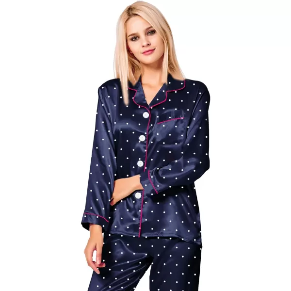 SWOMOG Womens Silk Satin Pajamas Loungewear Twopiece Sleepwear ButtonDown Pj SetNavy Blue Dots