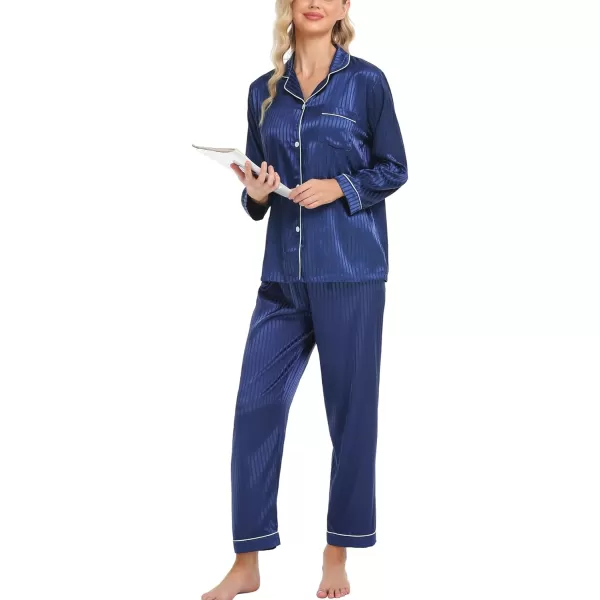 SWOMOG Womens Silk Satin Pajamas Loungewear Twopiece Sleepwear ButtonDown Pj SetNavy Blue Pinstripes