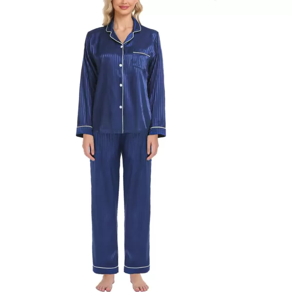 SWOMOG Womens Silk Satin Pajamas Loungewear Twopiece Sleepwear ButtonDown Pj SetNavy Blue Pinstripes