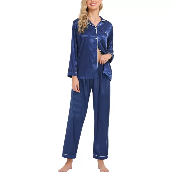 SWOMOG Womens Silk Satin Pajamas Loungewear Twopiece Sleepwear ButtonDown Pj SetNavy Blue Pinstripes