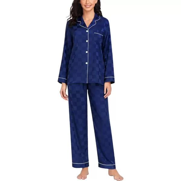 SWOMOG Womens Silk Satin Pajamas Loungewear Twopiece Sleepwear ButtonDown Pj SetNavy Blue Plaid