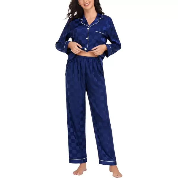 SWOMOG Womens Silk Satin Pajamas Loungewear Twopiece Sleepwear ButtonDown Pj SetNavy Blue Plaid