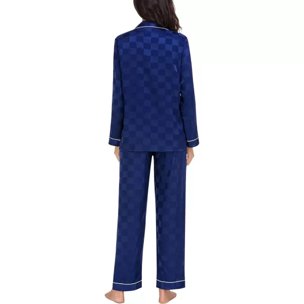 SWOMOG Womens Silk Satin Pajamas Loungewear Twopiece Sleepwear ButtonDown Pj SetNavy Blue Plaid