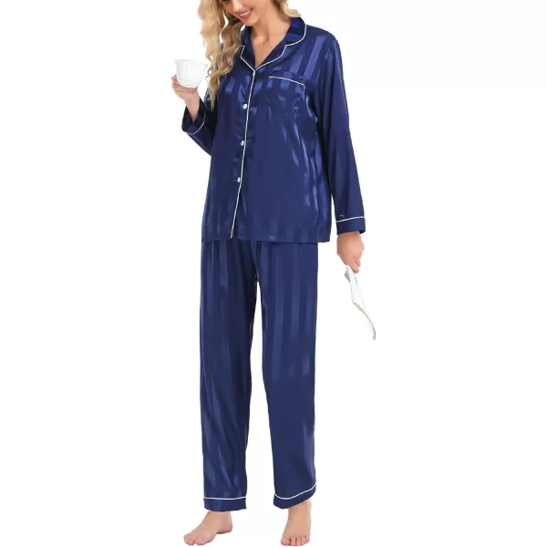 SWOMOG Womens Silk Satin Pajamas Loungewear Twopiece Sleepwear ButtonDown Pj SetNavy Blue Wide Stripes