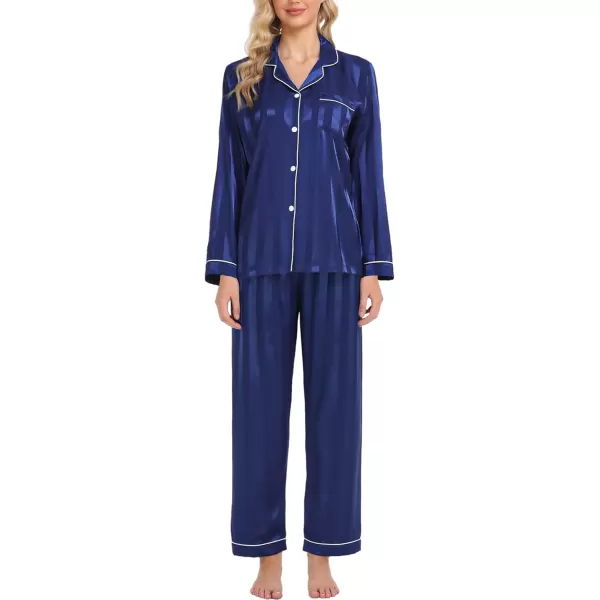 SWOMOG Womens Silk Satin Pajamas Loungewear Twopiece Sleepwear ButtonDown Pj SetNavy Blue Wide Stripes