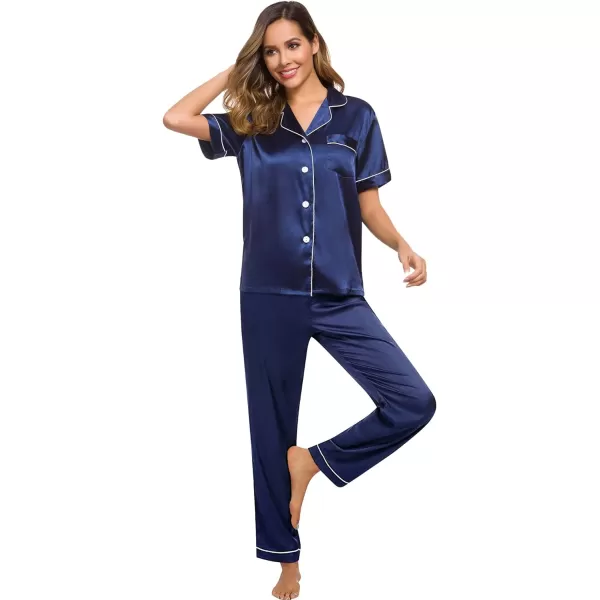 SWOMOG Womens Silk Satin Pajamas Loungewear Twopiece Sleepwear ButtonDown Pj SetNavy Blue16