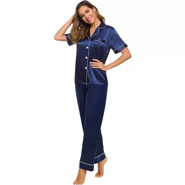 SWOMOG Womens Silk Satin Pajamas Loungewear Twopiece Sleepwear ButtonDown Pj SetNavy Blue16