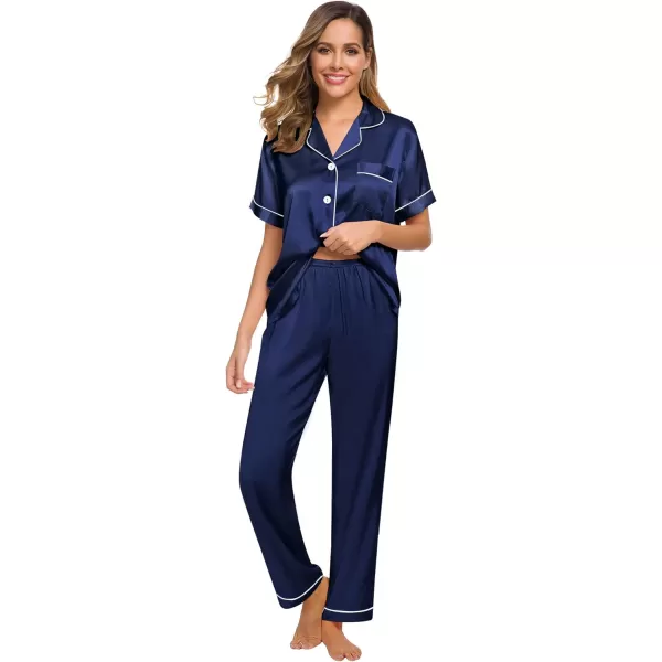 SWOMOG Womens Silk Satin Pajamas Loungewear Twopiece Sleepwear ButtonDown Pj SetNavy Blue16